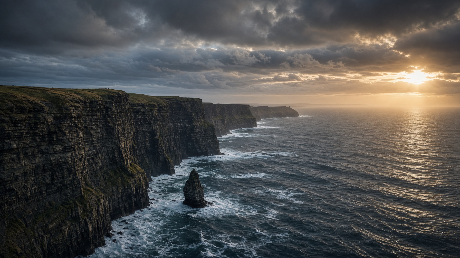 Cliffs of Moher at golden hour, Atlantic swell against dark limestone