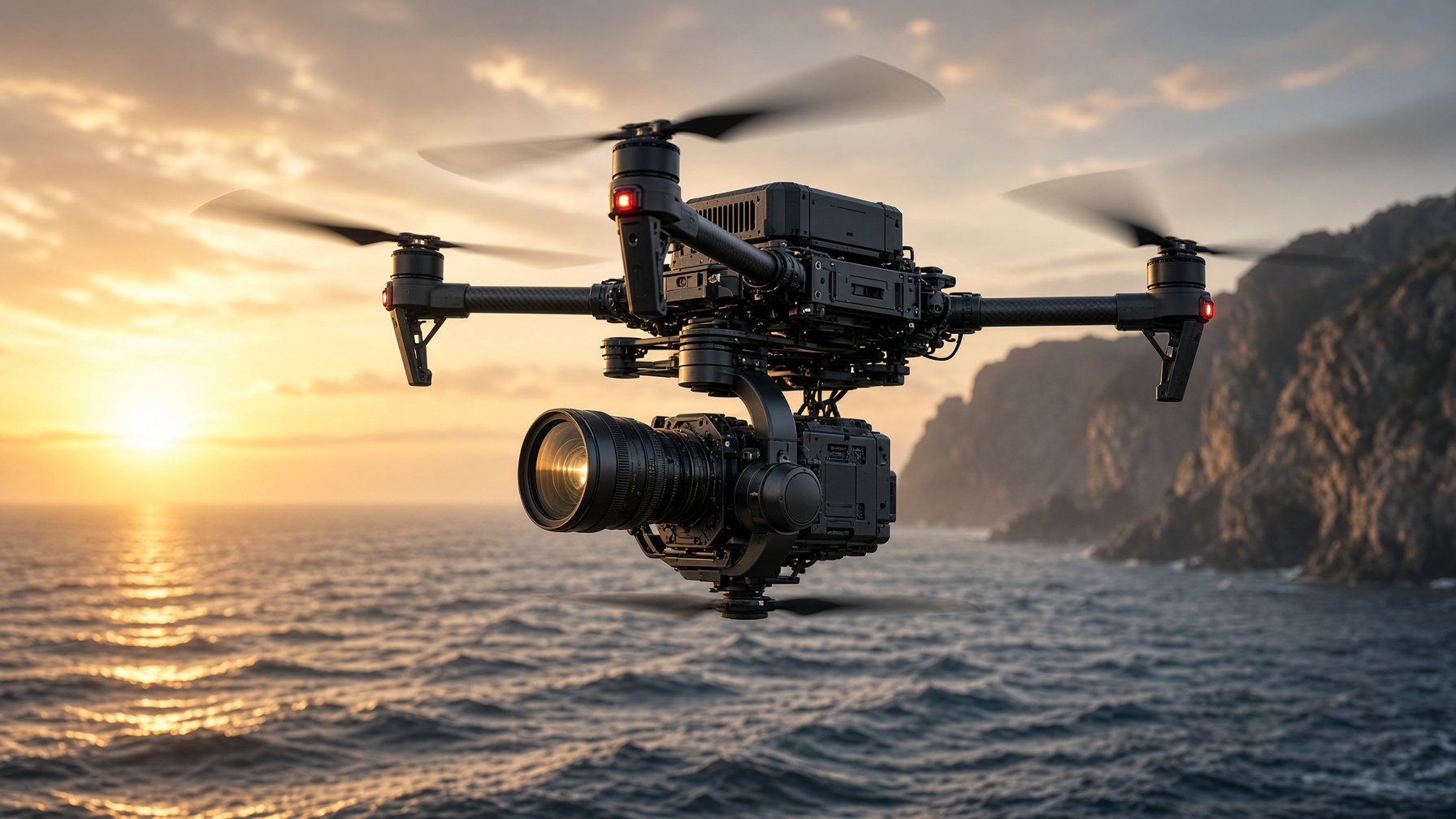 Cinema camera drone in flight over the Atlantic