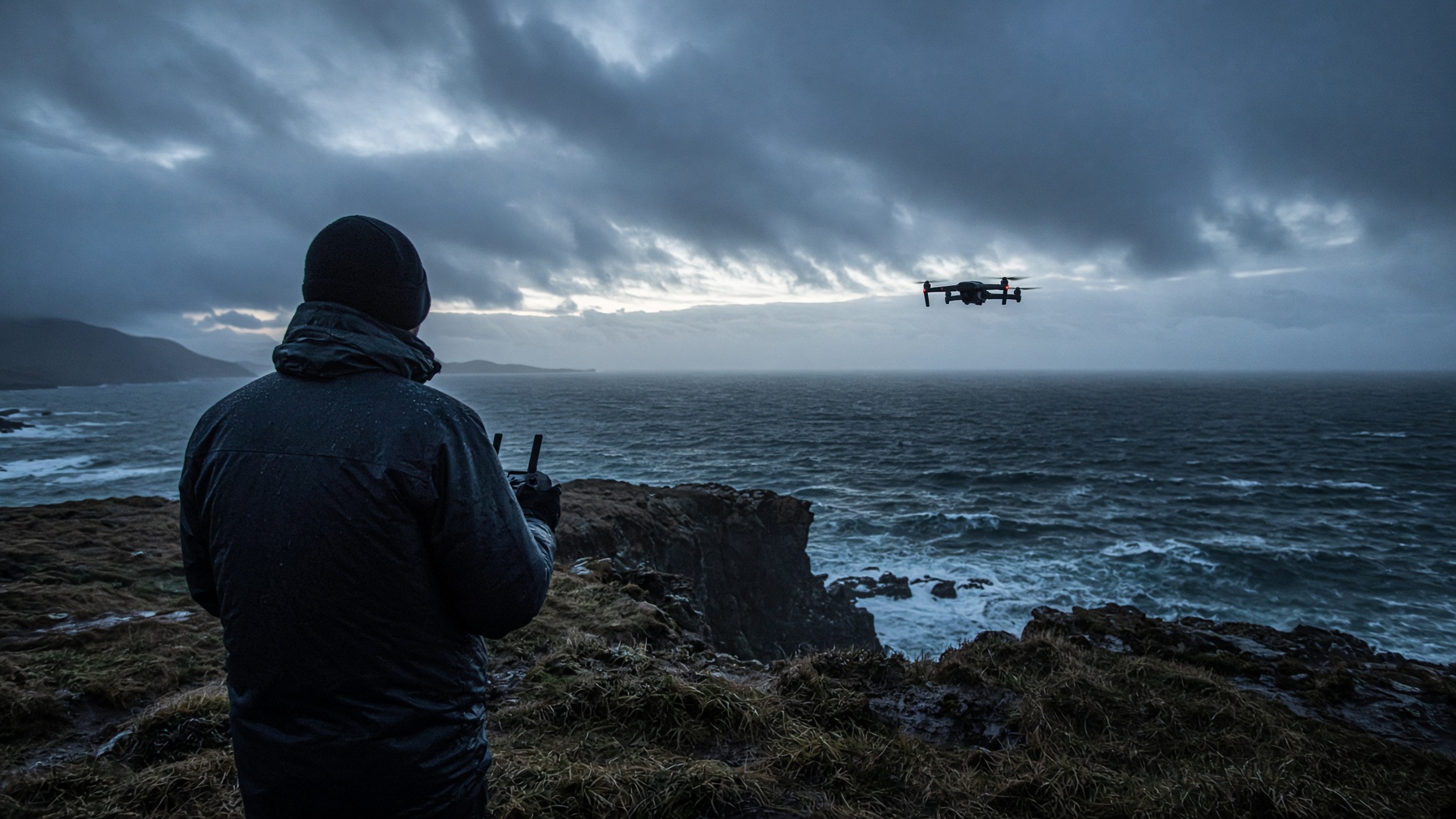 West Coast Production operator on an Irish cliff at blue hour